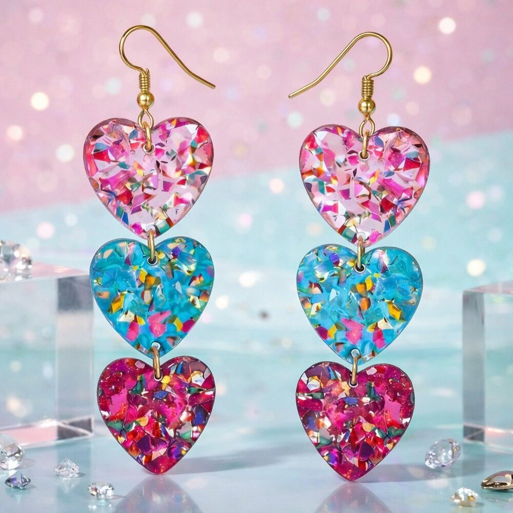 Colorful Triple Heart Confetti Glitter Earrings Resin Acrylic Statement Dangle